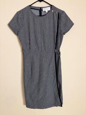 Boss Black and White Striped Below the knee Dress with Side Tie